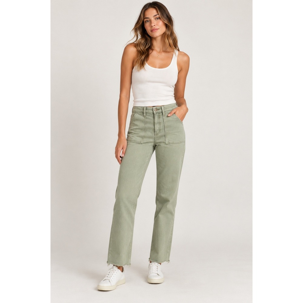 Mavi Shelia Sage Green High Rise Straight Leg Utility Pants Raw Hem Size 25/29